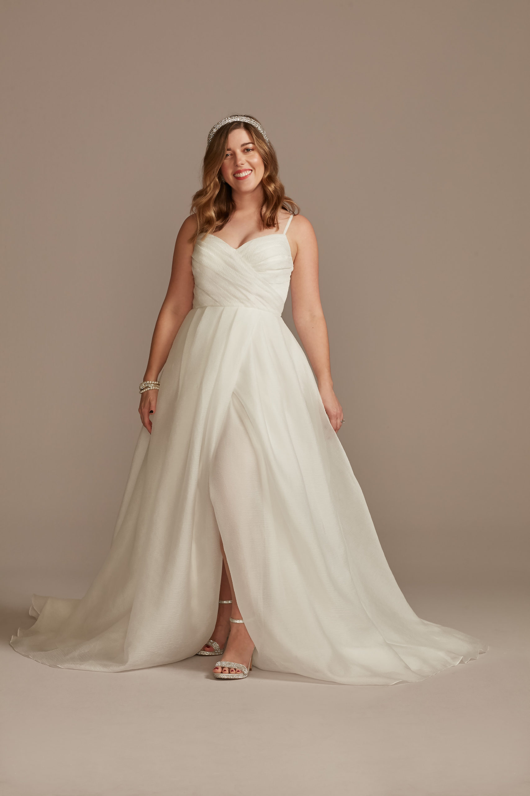 bride wearing Pleated Organza A-Line Wedding Dress with Slit