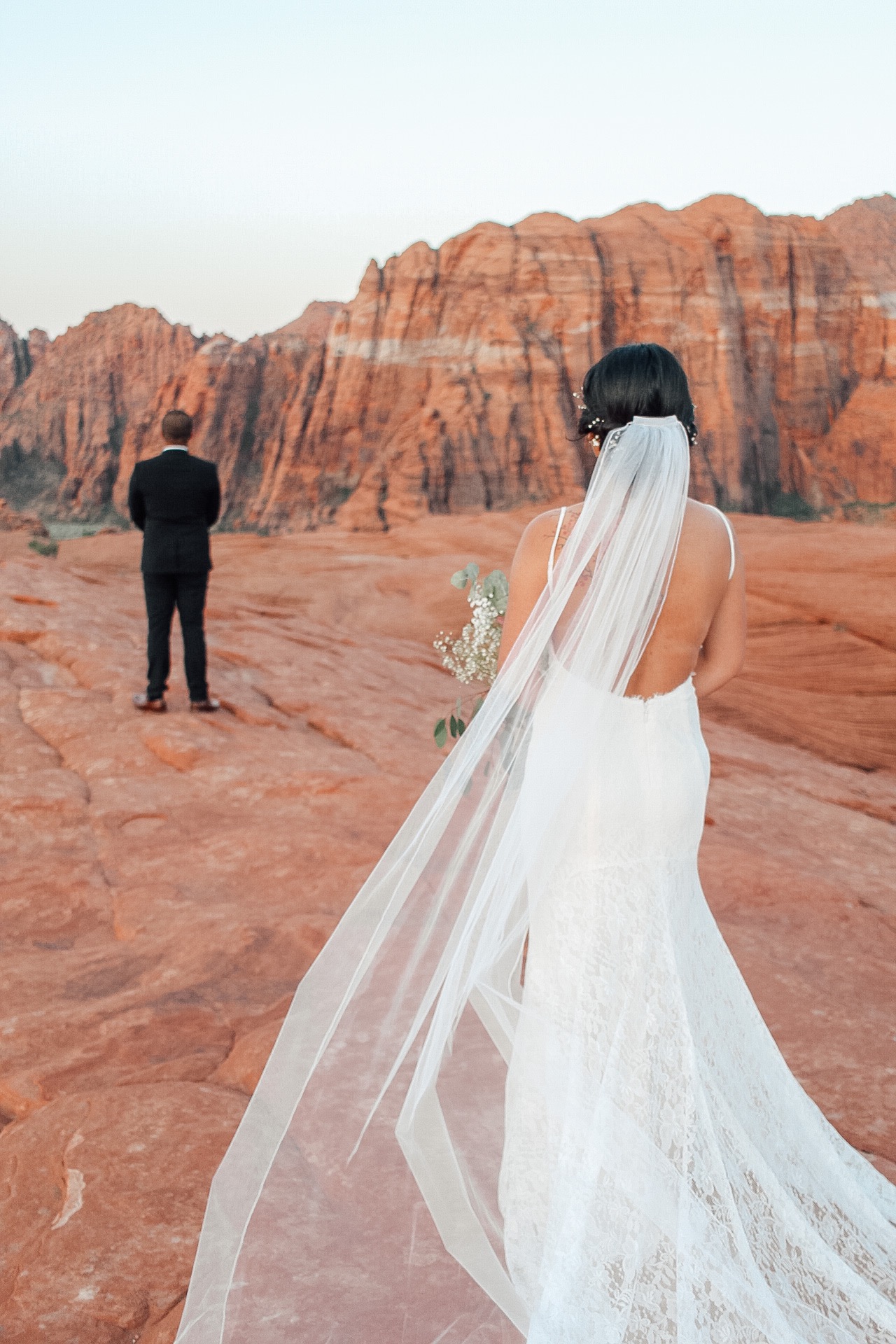 bride and groom first look