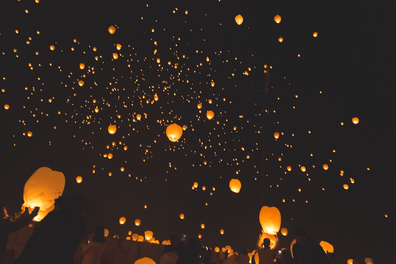 wish lanterns in the sky as a wedding day good luck charm 