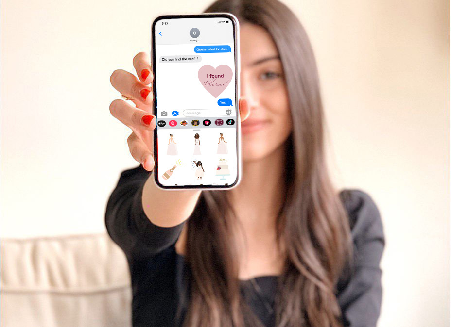 woman holding iPhone with BrideMojis GIFs in a text message