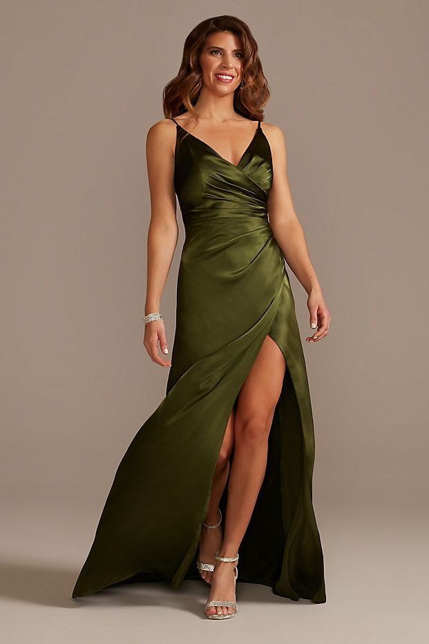 Women in olive green v-neck bridesmaid dress