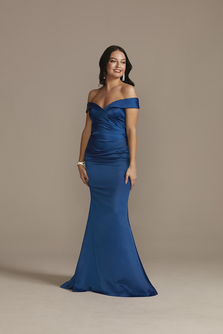 bridesmaid wearing off the shoulder sapphire colored dress