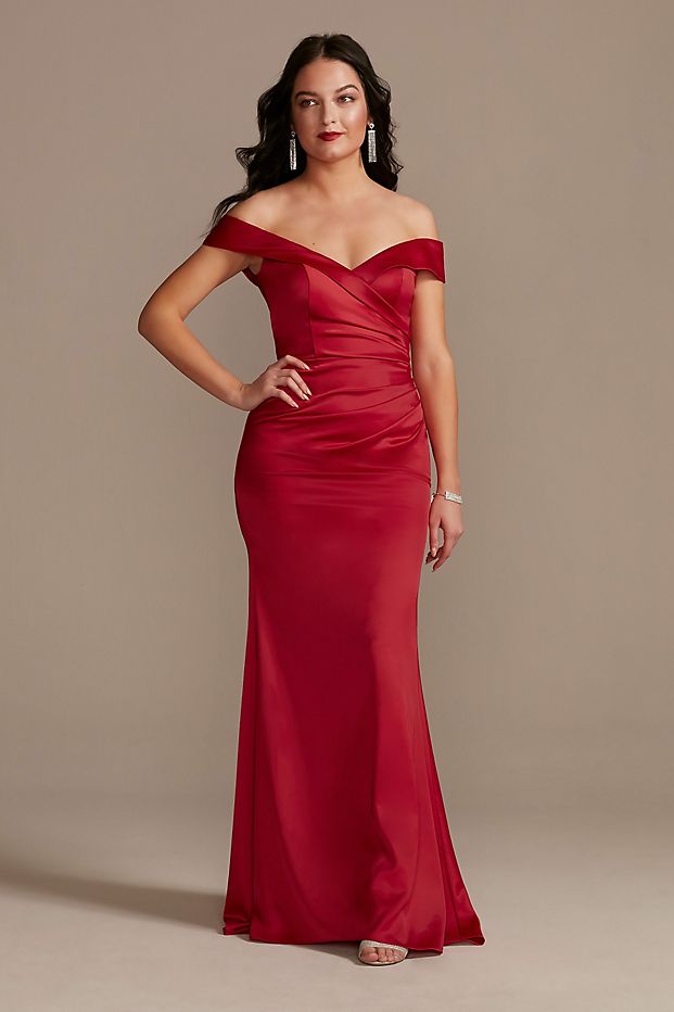 Women in an off the shoulder red Galina Signature bridesmaid dress