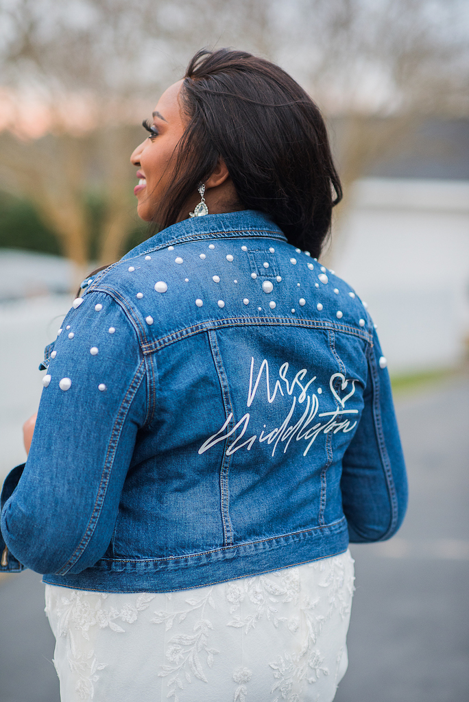 bride wearing denim jacket 