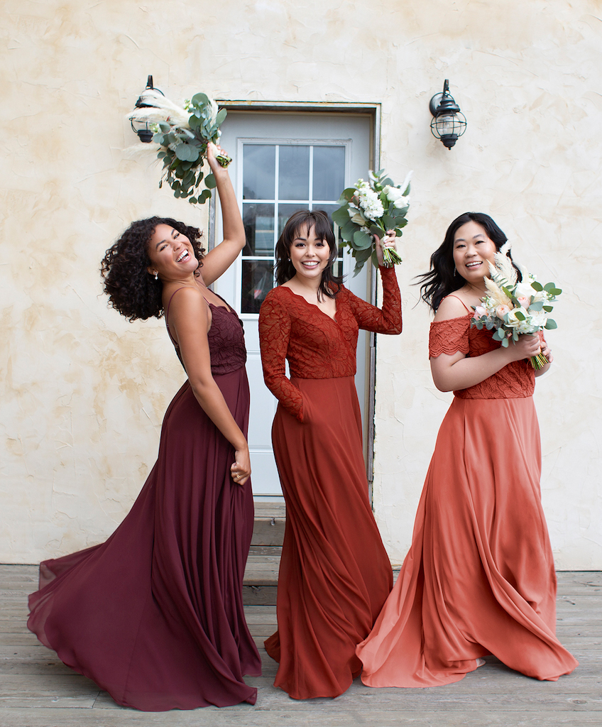 3 bridesmaids wearing mix and match bridesmaid dresses