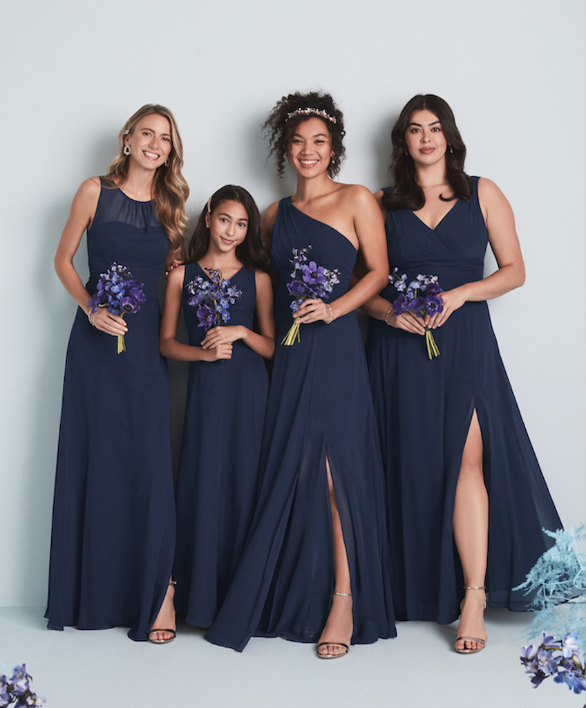 bridesmaids in mismatched bridesmaid dresses in marine 