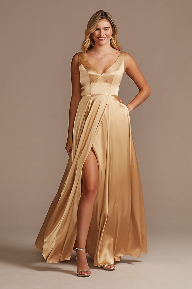 women in golden satin bridesmaid dress from Galina Signature