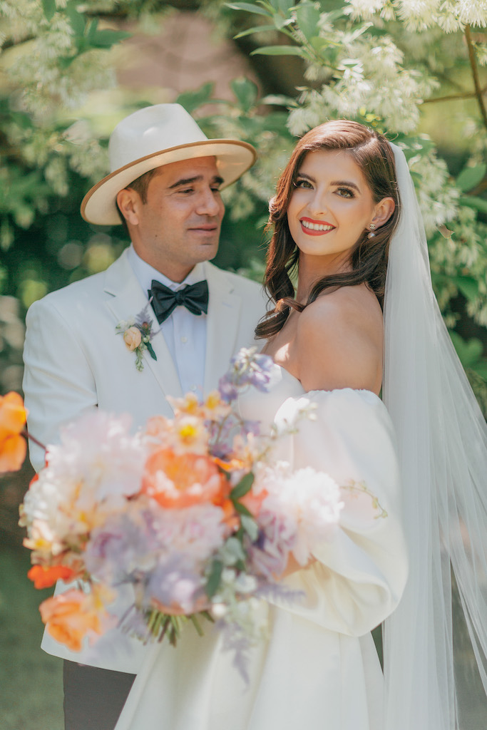 bride and groom at springtime wedding