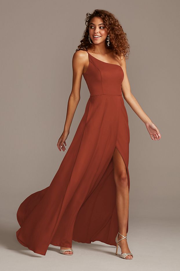 women in one shoulder satin bridesmaid dress