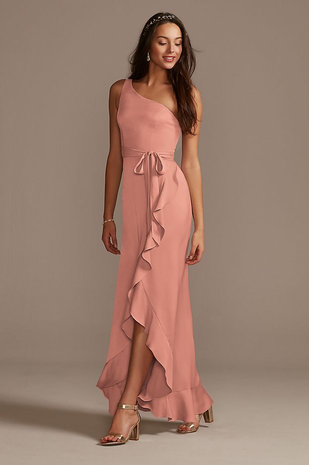 women in one-shoulder satin bridesmaid dress with ruffled skirt detailing