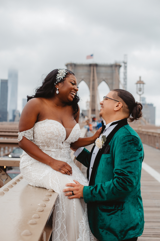 bride and groom laughing