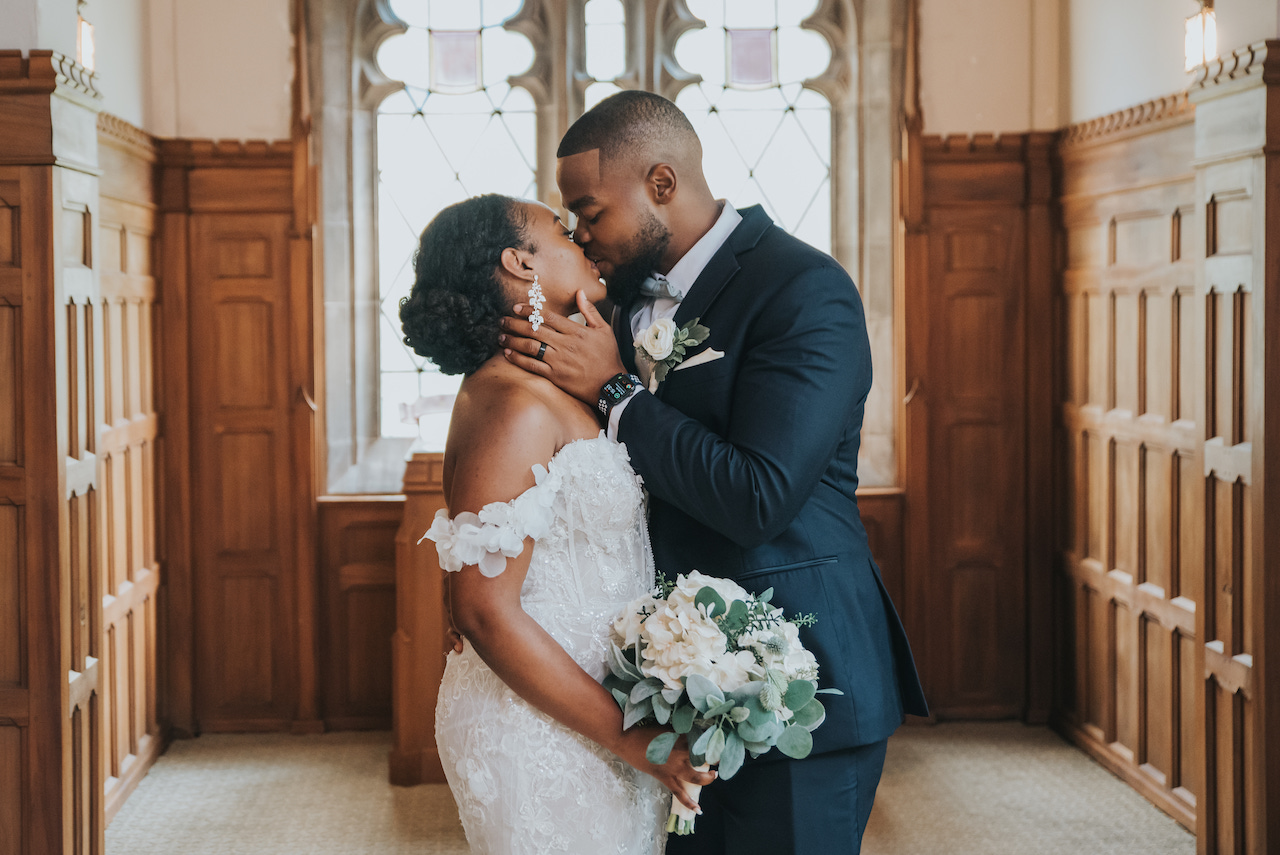 bride and groom kissing