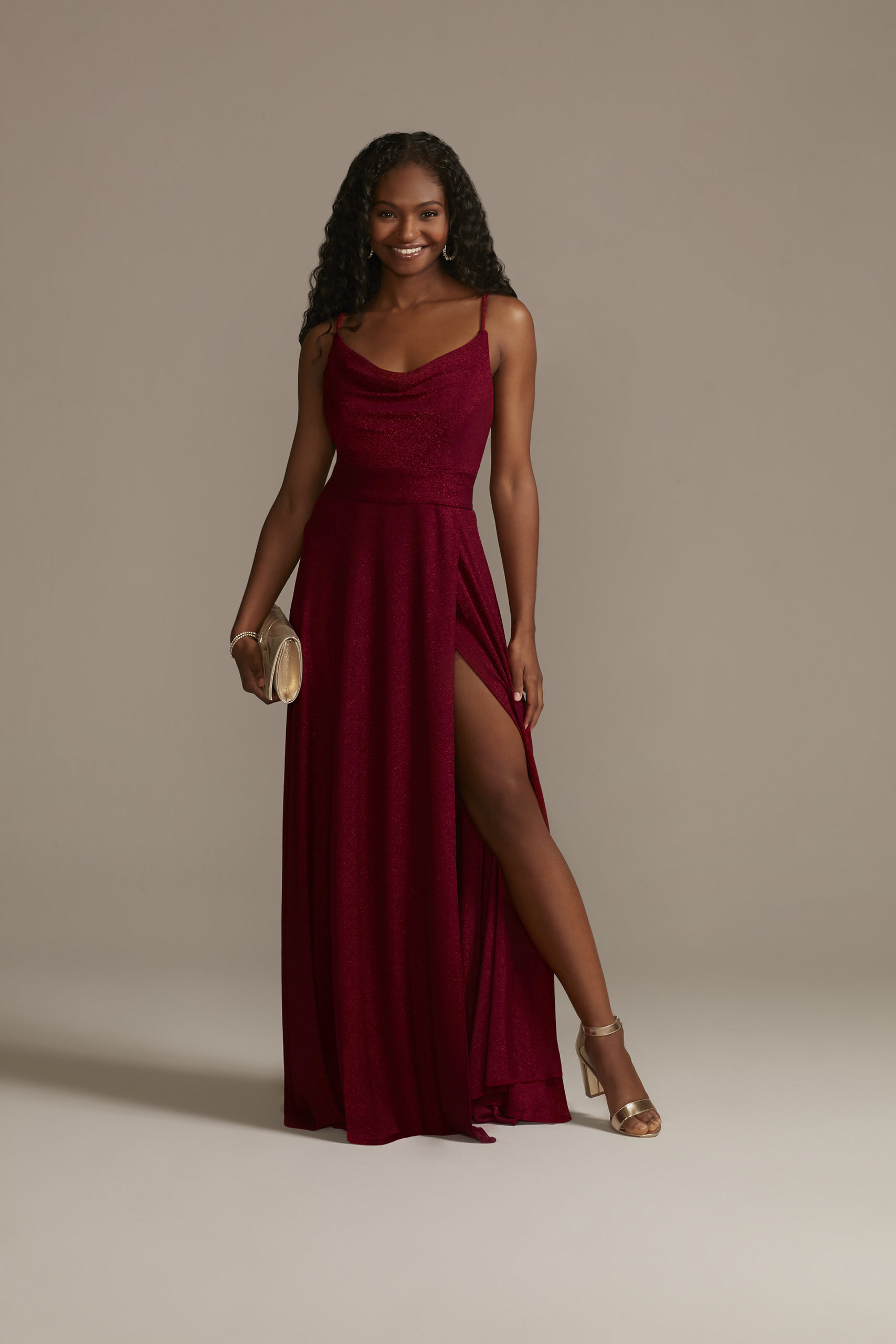red metallic long gown 