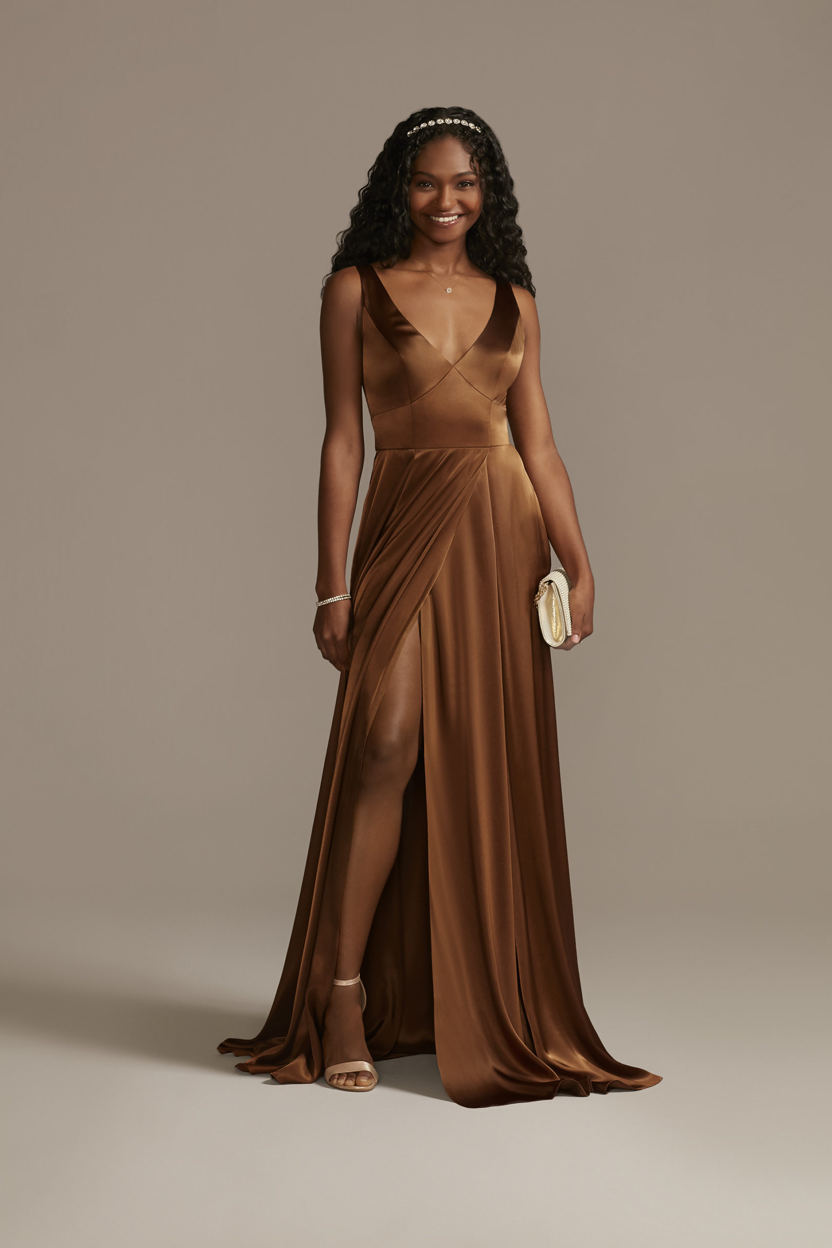 woman wearing brown bridesmaid dress