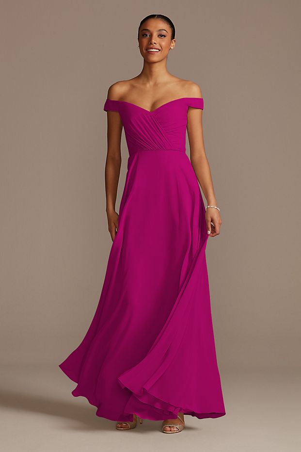 Bridesmaid in wild berry dress with off the shoulder sleeves