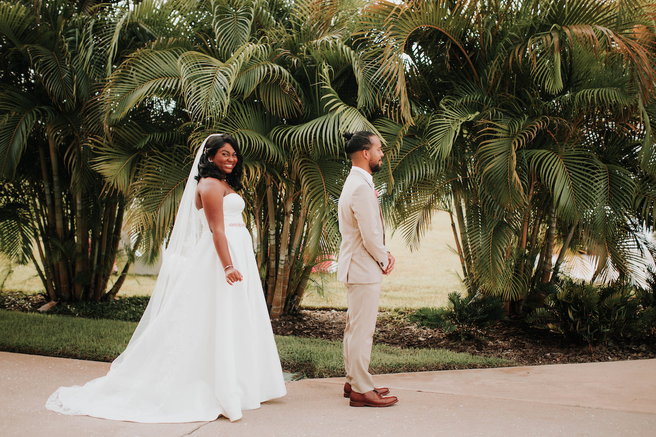 bride and groom first look