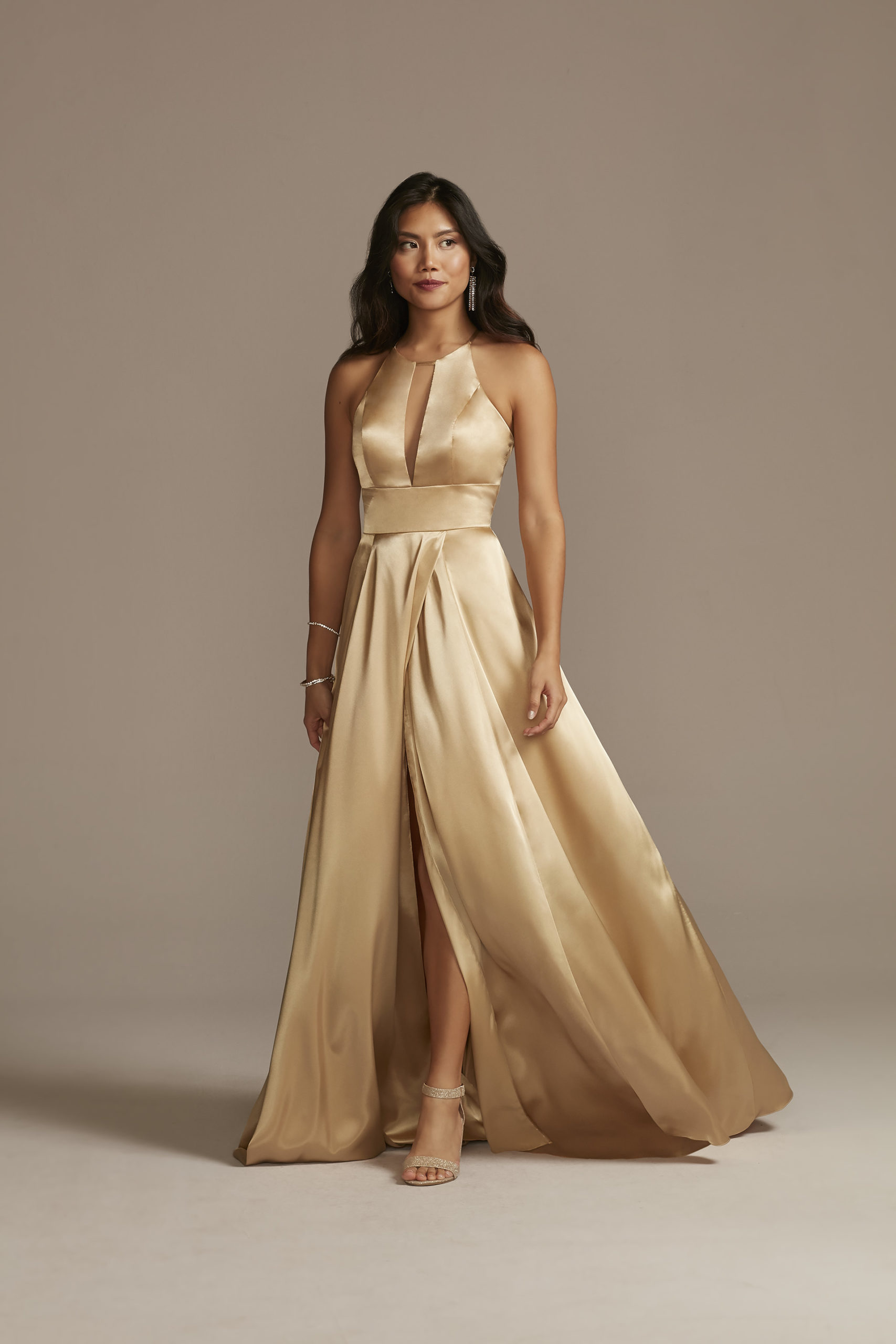 golden charmeuse bridesmaid dress with keyhole neckline