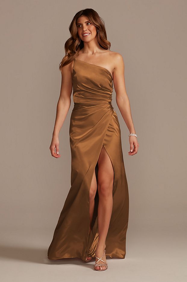 one shoulder charmeuse bridesmaid dress in tawny
