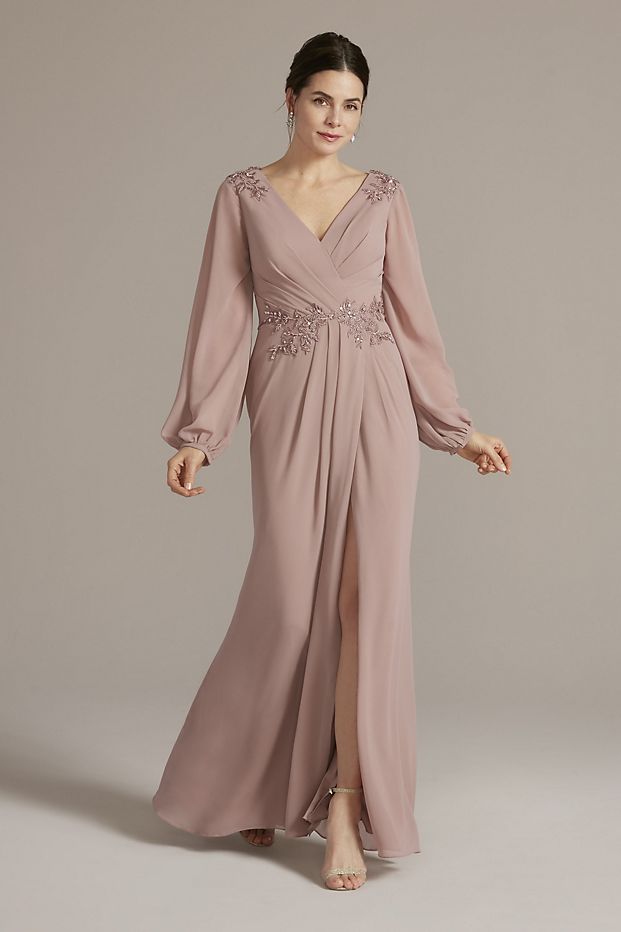 Women in long sleeve pink mother of the bride dress with embellishments