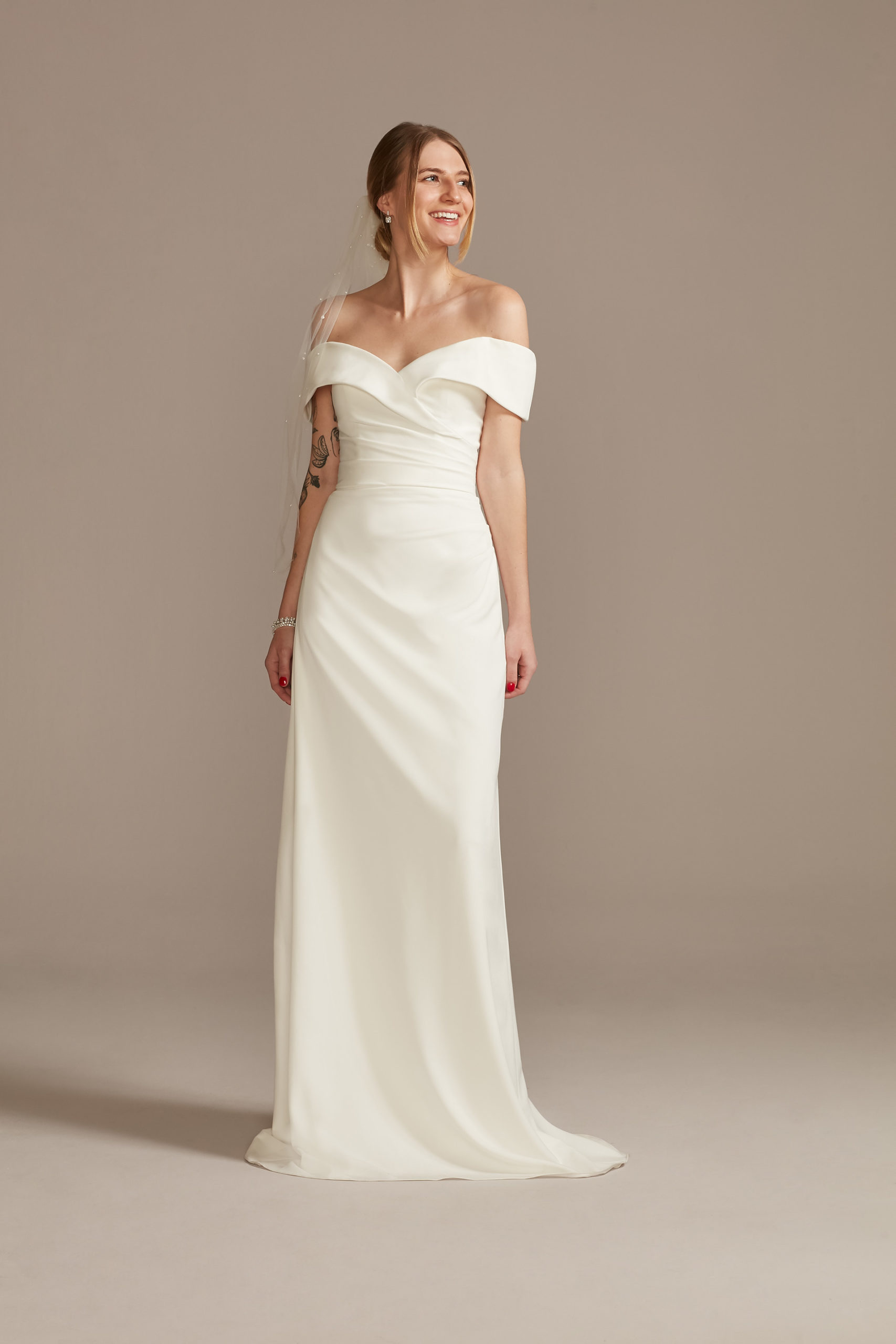 long off the shoulder courthouse wedding dress