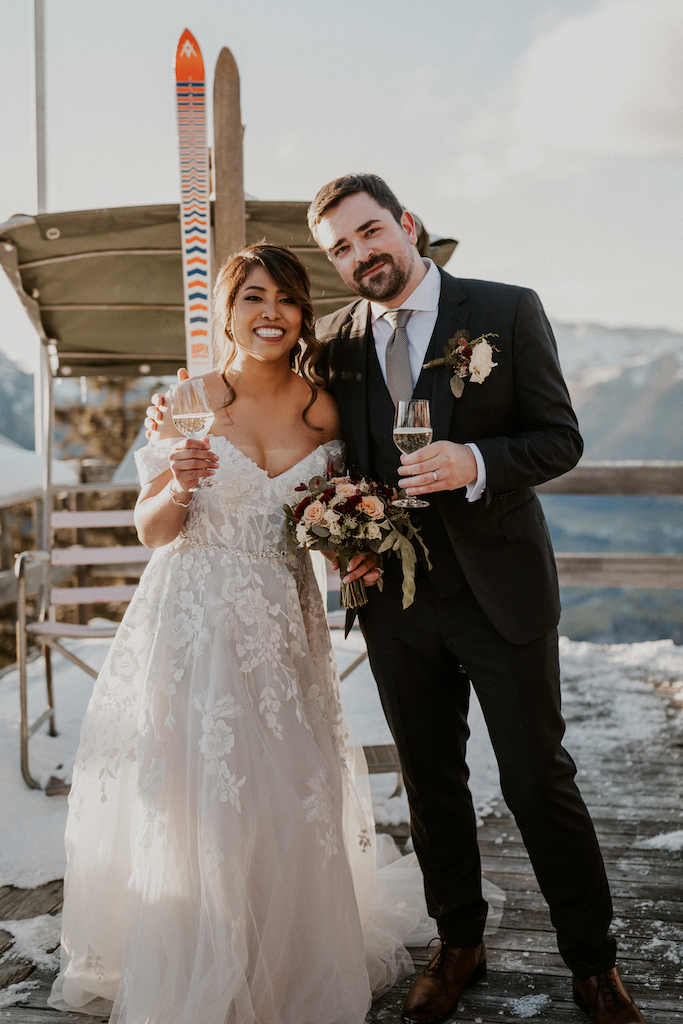 bride and groom at winter wedding in Switzerland