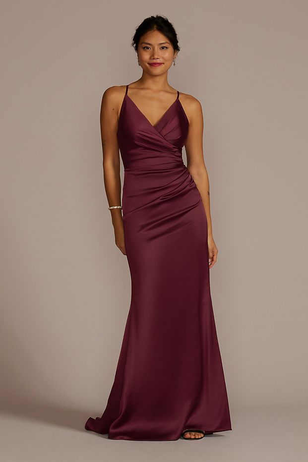 Women in a wine colored Galina Signature bridesmaid dress