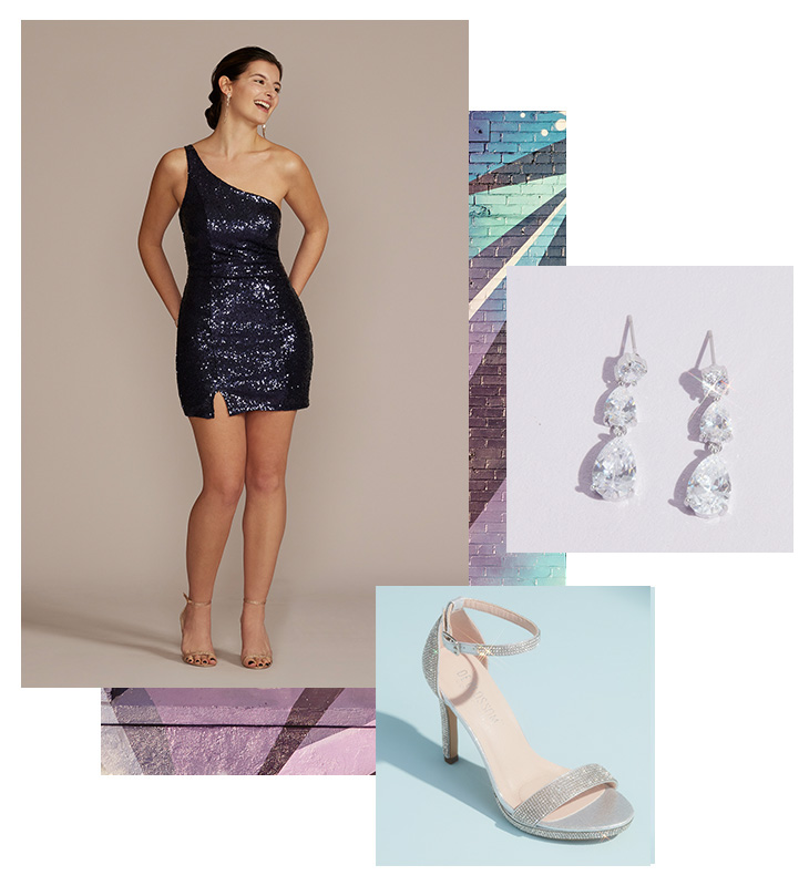 dresses for college events - collage of sparkly navy short dress with silver earrings and heels 