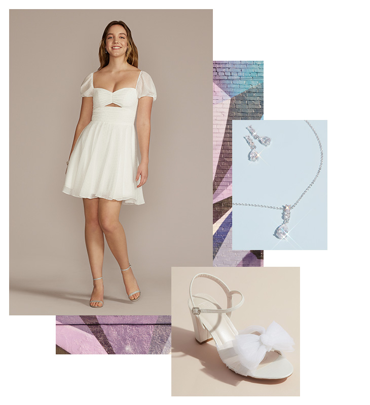 collage of little white dress with silver earrings and white bow heels