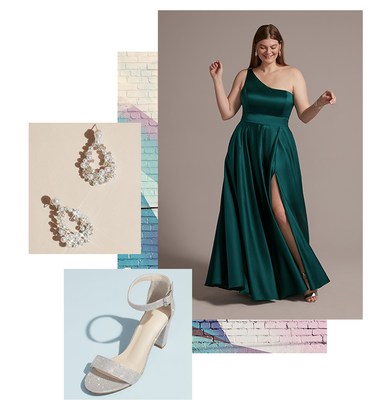 dresses for college events - collage of long gem colored dress with silver earrings and heels 