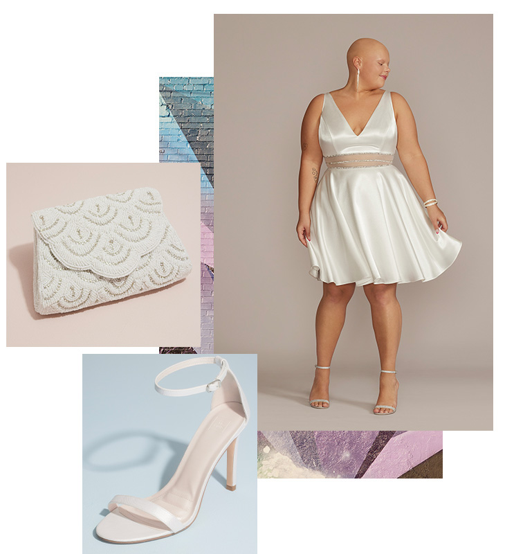dresses for college events - collage of satin white dress with white handbag and heels