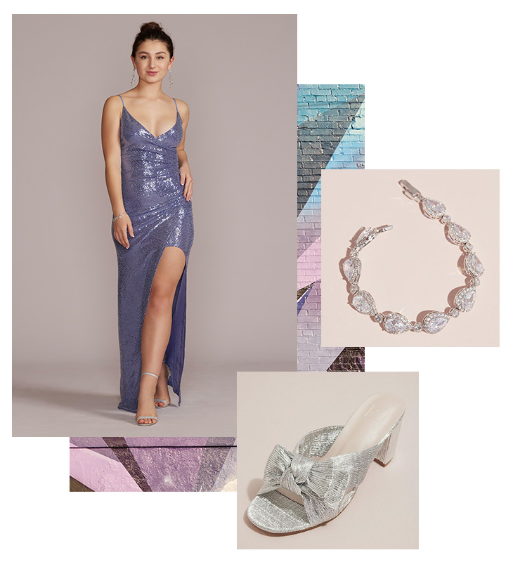 collage of periwinkle long dress with silver bracelet and heels 