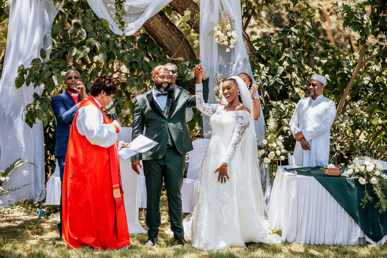 bride and groom celebrating