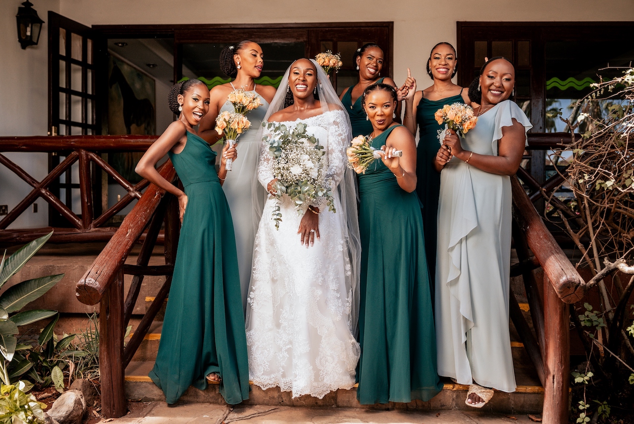 bride and bridesmaids at rustic wedding in kenya