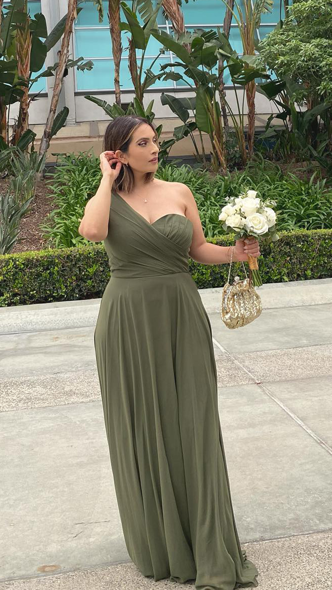 bridesmaid in martini olive bridesmaid dress