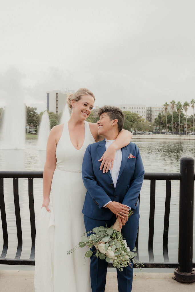 couple embracing - fall wedding in florida