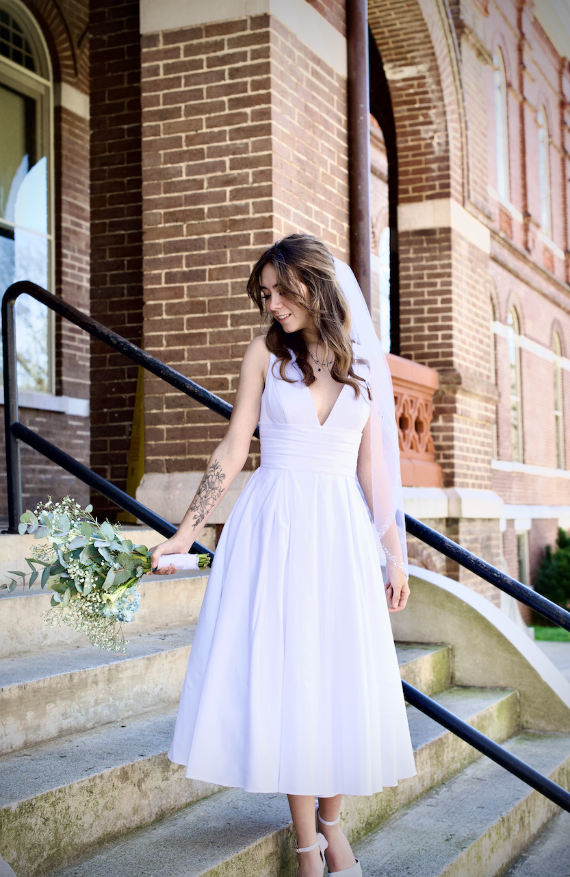 Satin V-Neck Tea-Length A-Line Dress - bride standing on steps