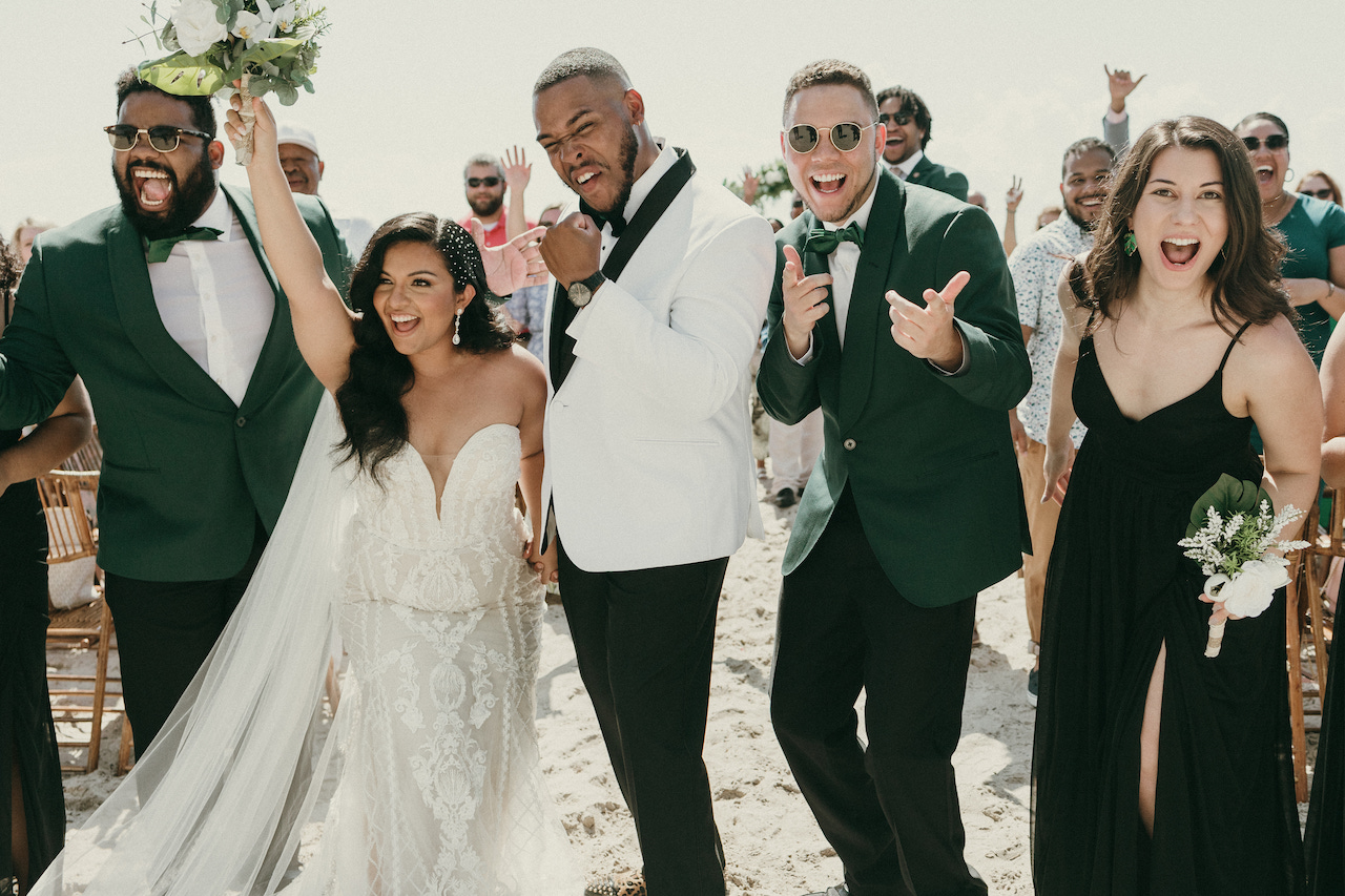 bride and groom celebrating at their tropical wedding in florida