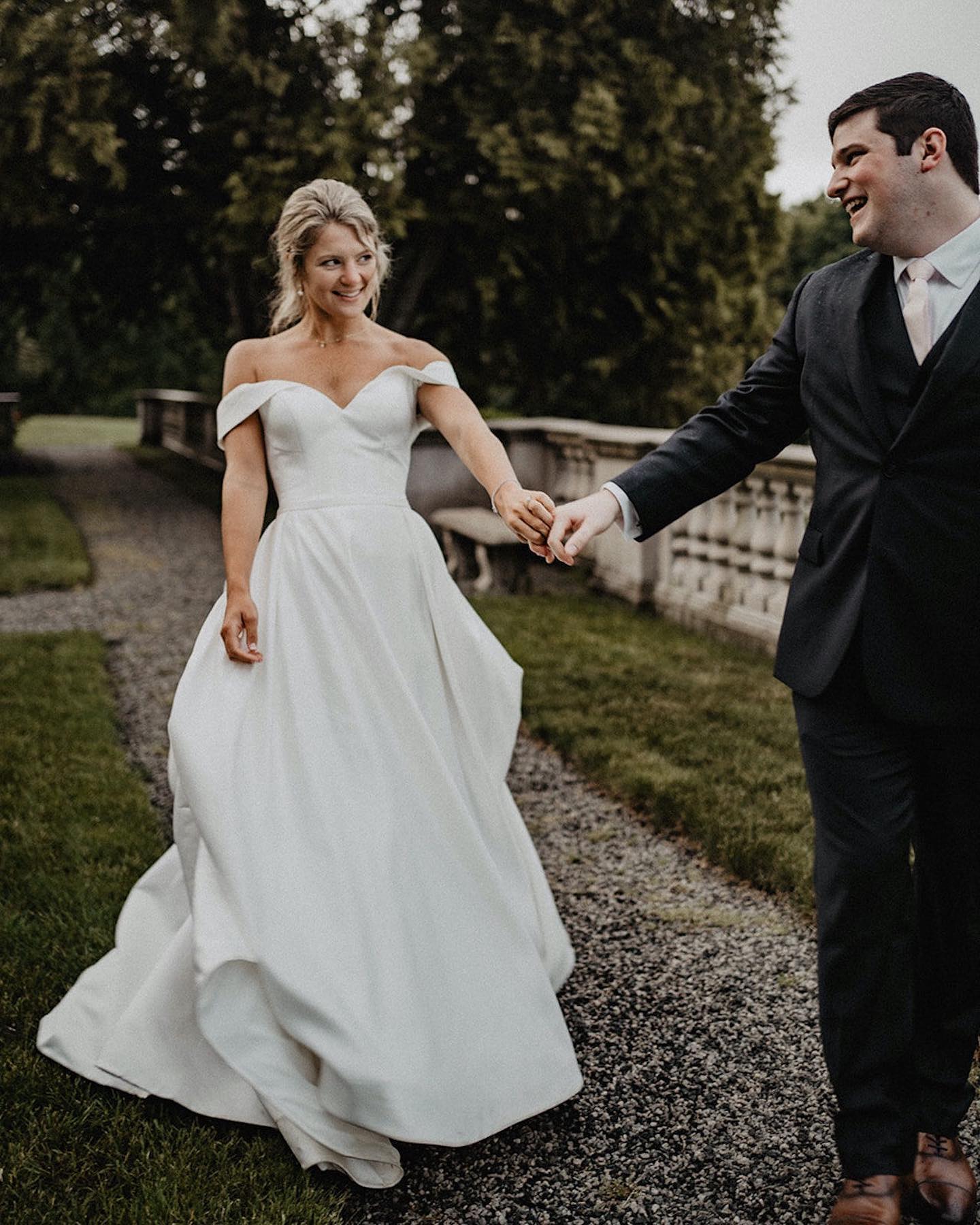 Off the Shoulder Satin Ball Gown Wedding Dress - bride smiling