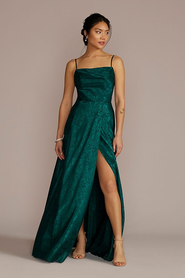 Fall 2022 cowl neck empire waist bridesmaid dress in Gem blue green