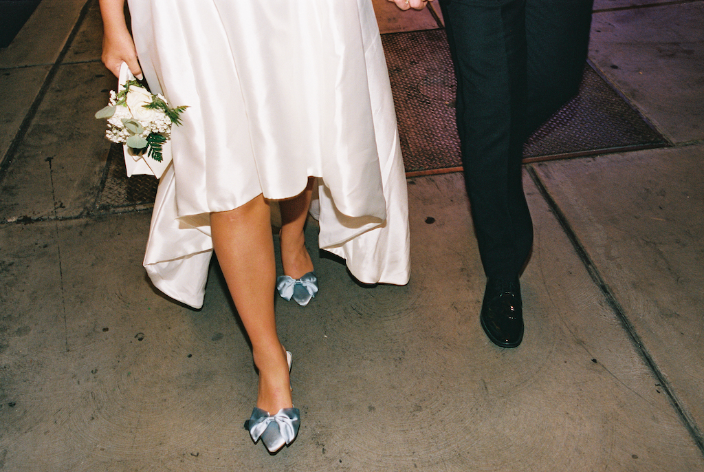 bride's blue shoes with bows - las vegas elopement